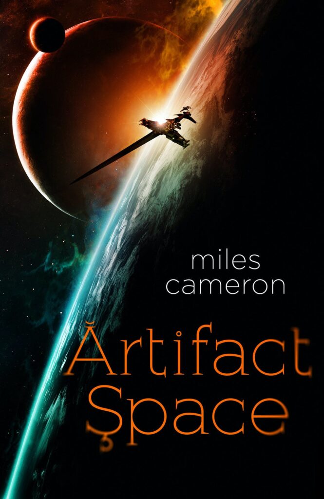 Artifact Space by Miles Cameron cover art, featuring a spaceship with planets in the background