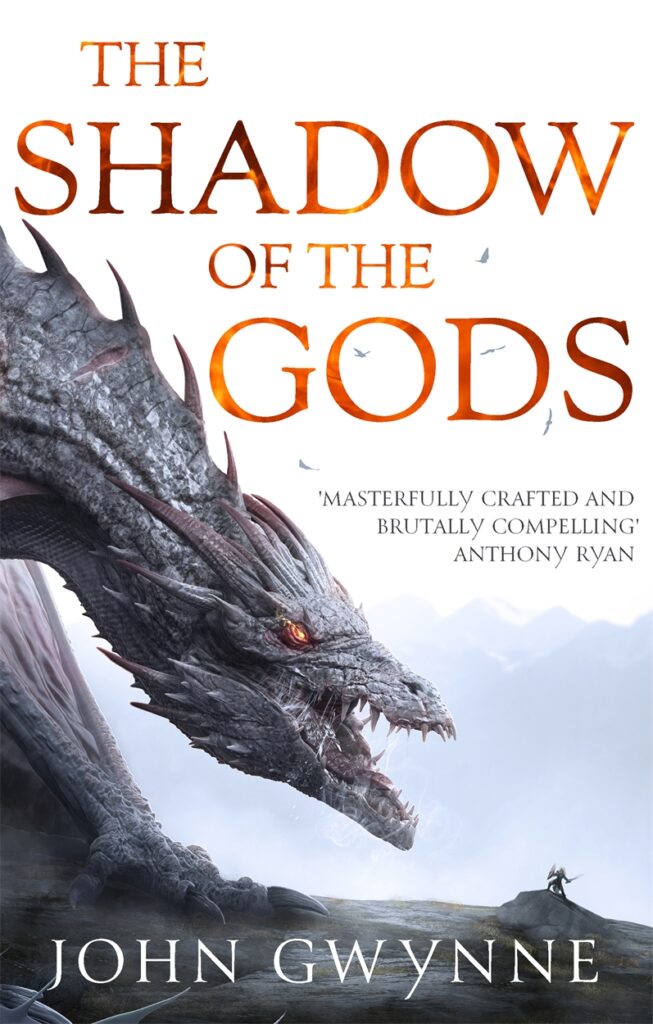The Shadow of the Gods by John Gwynne cover art, featuring a large dragon
