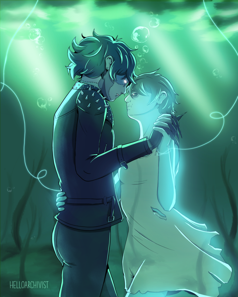 Digital illustration by Hello-Archivist featuring the characters Diggory and Percy from the Hello form the Hallowoods audio drama. Coloring is shades of green. Two figures embrace underwater. On the left is Diggory, a figure in a spiked leather jacket with stitched, patchwork skin holds the waist of a glowing, ethereal Percy in a light dress on the right. They stand forehead-to-forehead with light filtering down through bubbles and murky water around them.