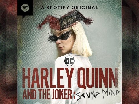 Harley Quinn audio drama featured image, shows Harley Quinn in a doctor's lab coat with her red and black costume scribbled over her face
