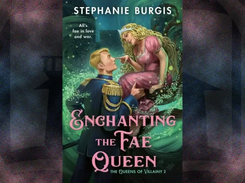 Book cover for Enchanting the Fae Queen by Stephanie Burgis. The fantasy romance illustration features two characters in a lush, green, enchanted forest filled with glowing fireflies. Background vertical gradient transitions from pink to blue to pink.